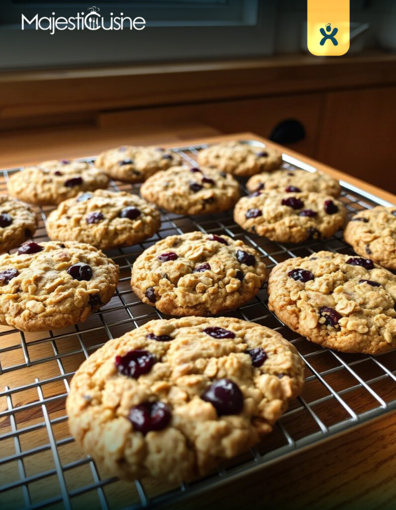 Freshly baked oatmeal cherry cookies cooling on a wire rack