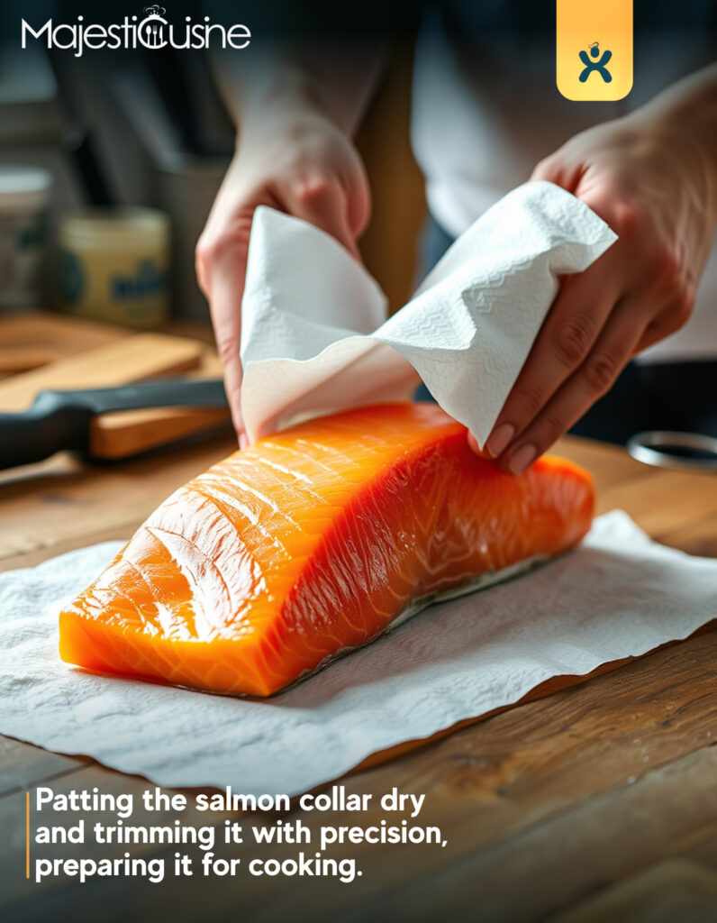 Patting the salmon collar dry and trimming it with precision, preparing it for cooking.