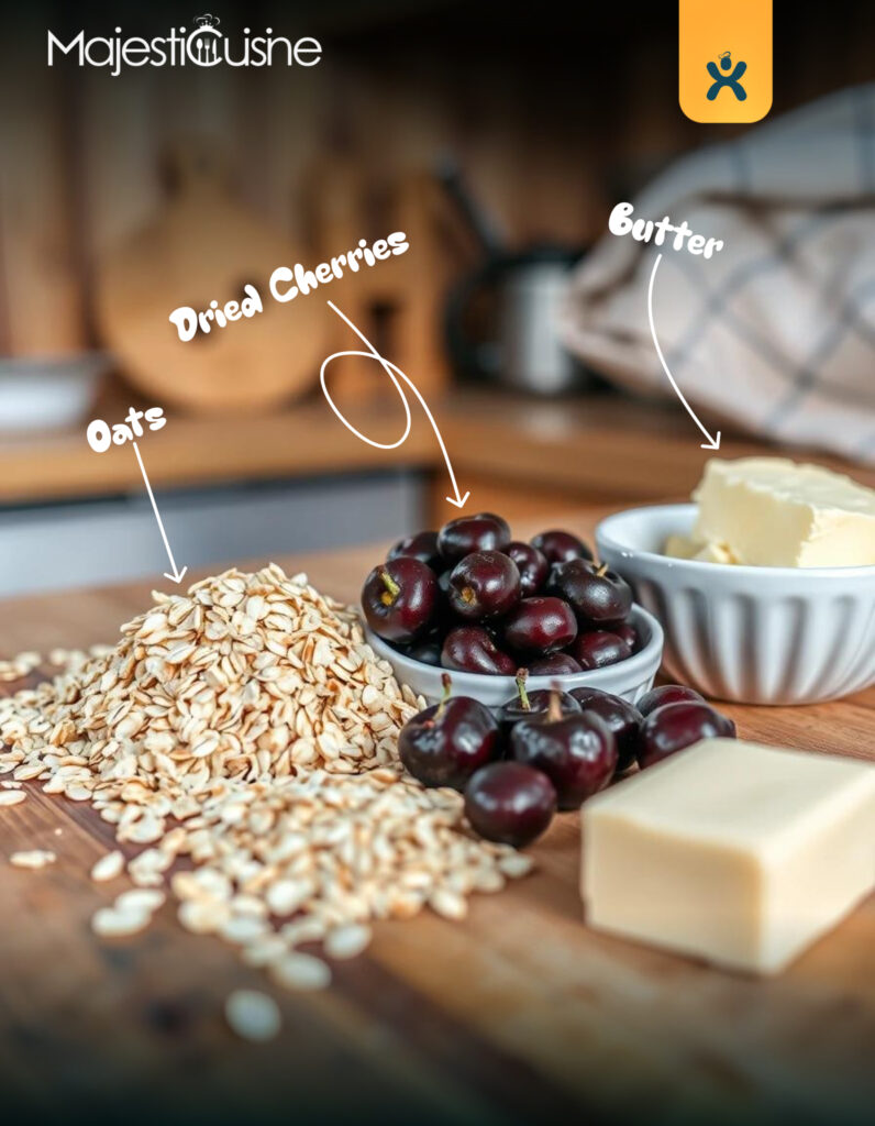 Oatmeal, dried cherries, and butter laid out for oatmeal cherry cookies