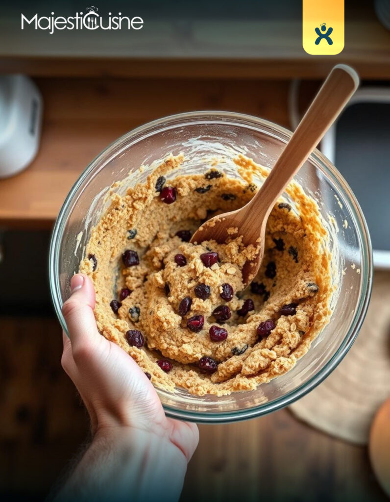 Mixing the dough for oatmeal cherry cookies in a bowl