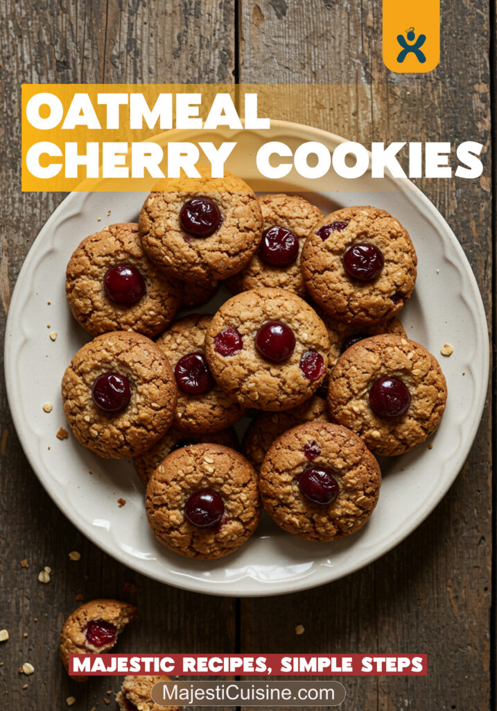 Freshly baked oatmeal cherry cookies on a rustic wooden table