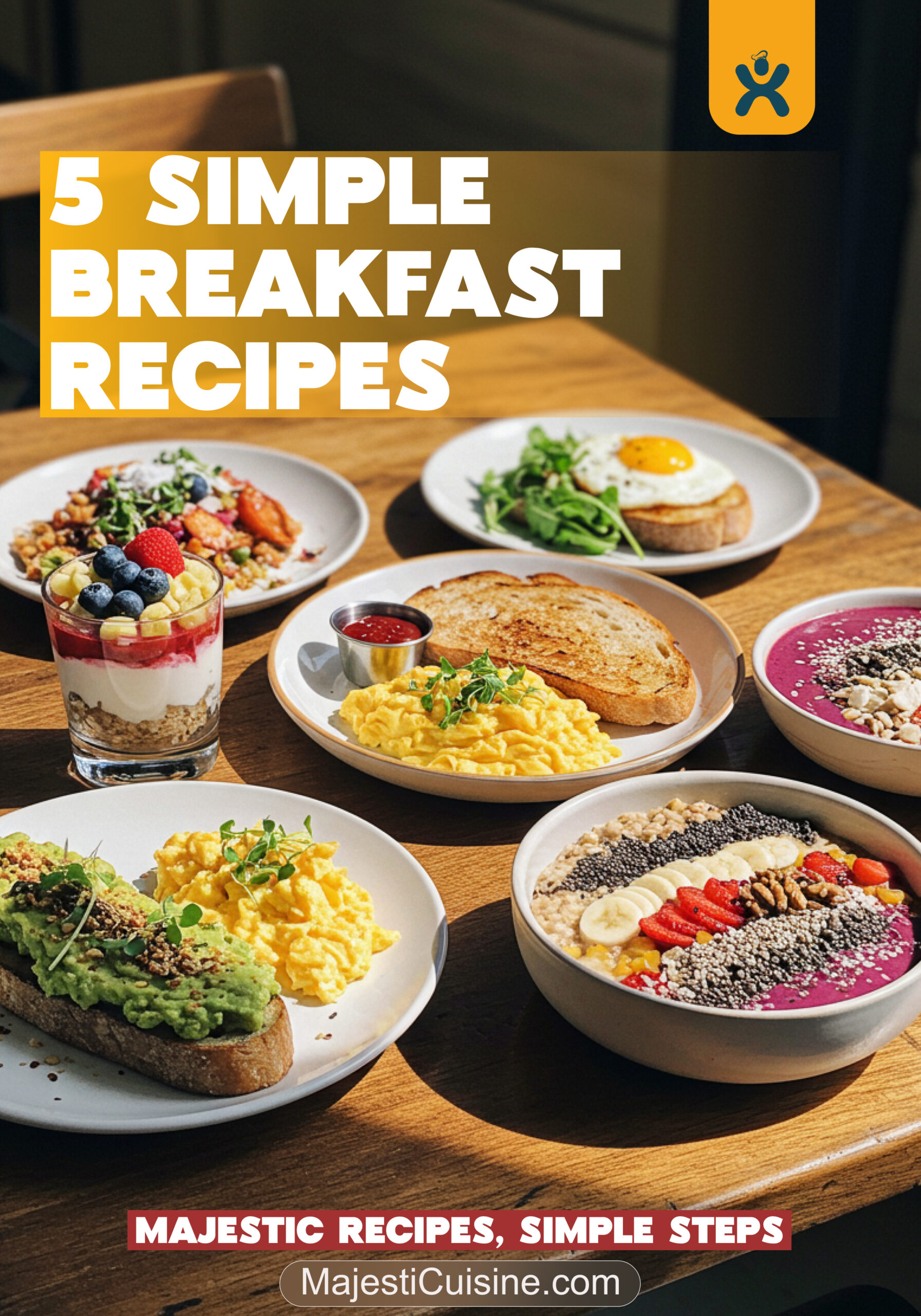 A vibrant and inviting breakfast spread featuring avocado toast, smoothies, scrambled eggs, and fresh fruit, all served on a rustic wooden table