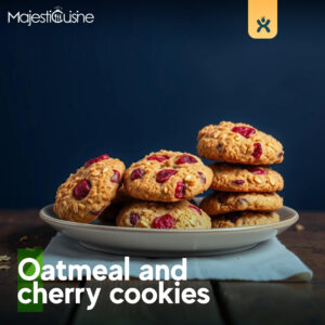 Freshly baked oatmeal cherry cookies on a rustic wooden table