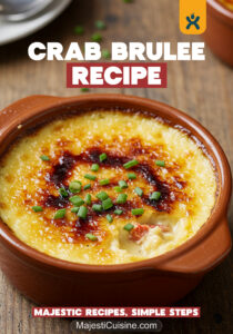 an elegant, high-quality image of a finished crab brulee dish on a rustic wooden table. The image should show the ramekin filled with the golden, crispy caramelized top, garnished with freshly chopped parsley or chives. The background should be warm and inviting, with soft lighting highlighting the rich texture of the custard and the golden crust